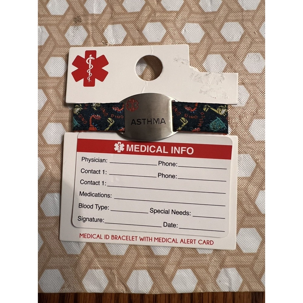 Medical ID Bracelet With Medical‎ Alert Card Asthma Dinosaurs